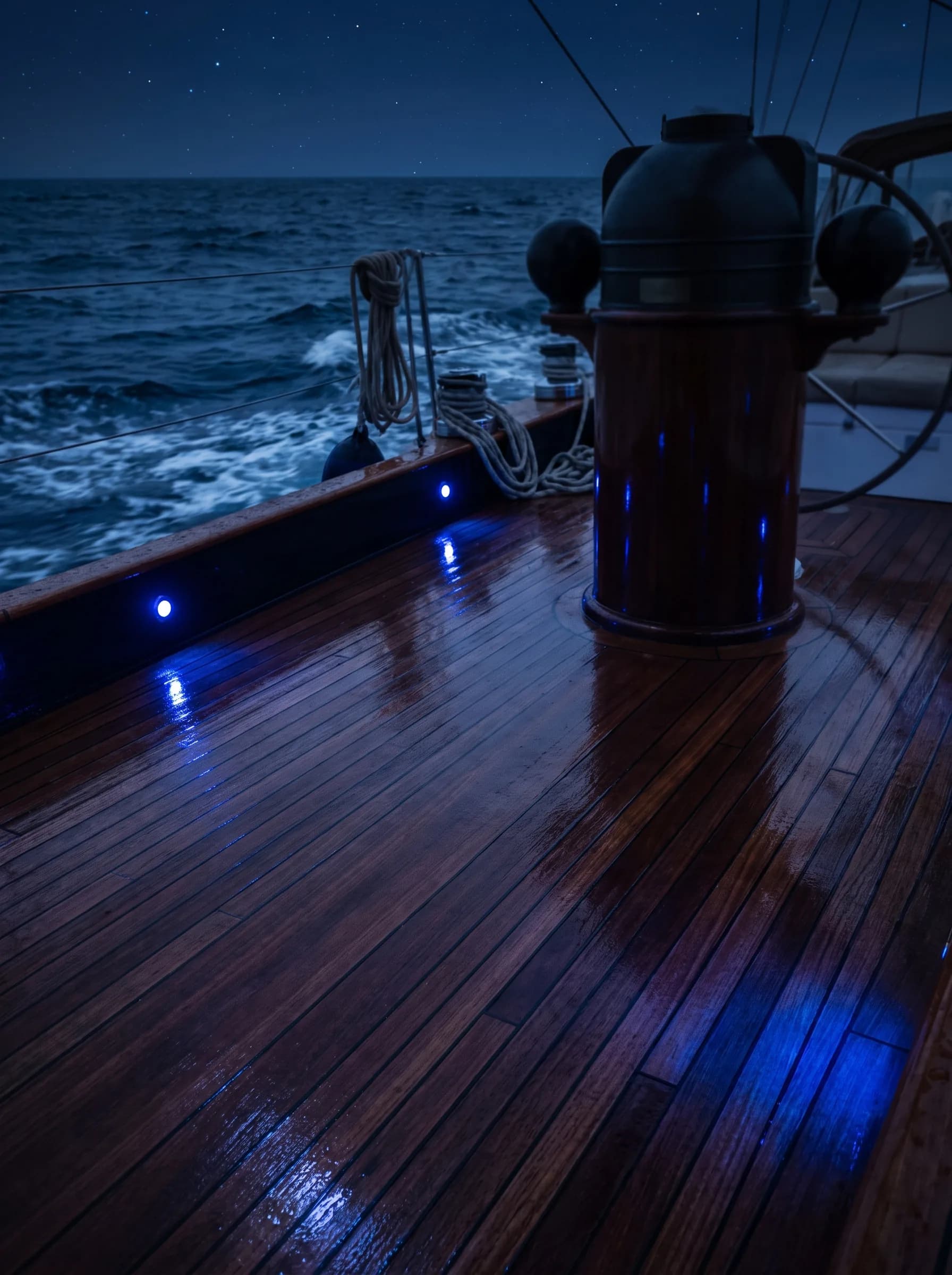 Ein poliertes Yachtdeck bei Nacht, nass von Gischt, in tiefblauem Licht spiegelnd